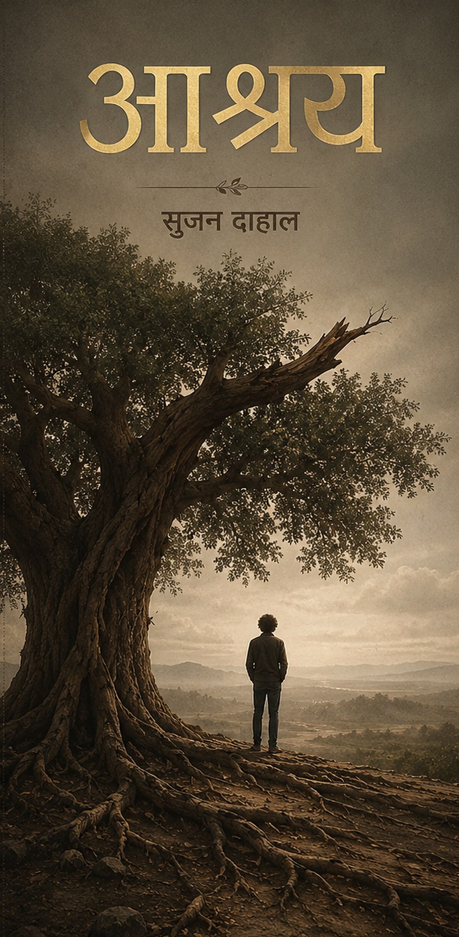 Cover of आश्रय (Aashraya) by Sujan Dahal — a lone figure beneath an old tree, gold Devanagari title